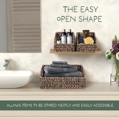 Set of 3 Handwoven Storage Baskets – Decorative Natural Wicker Organizer Bins with Built-in Handles for Bathroom, Kitchen, Pantry, Nursery, Closet, Laundry, Living Room, and Home Use