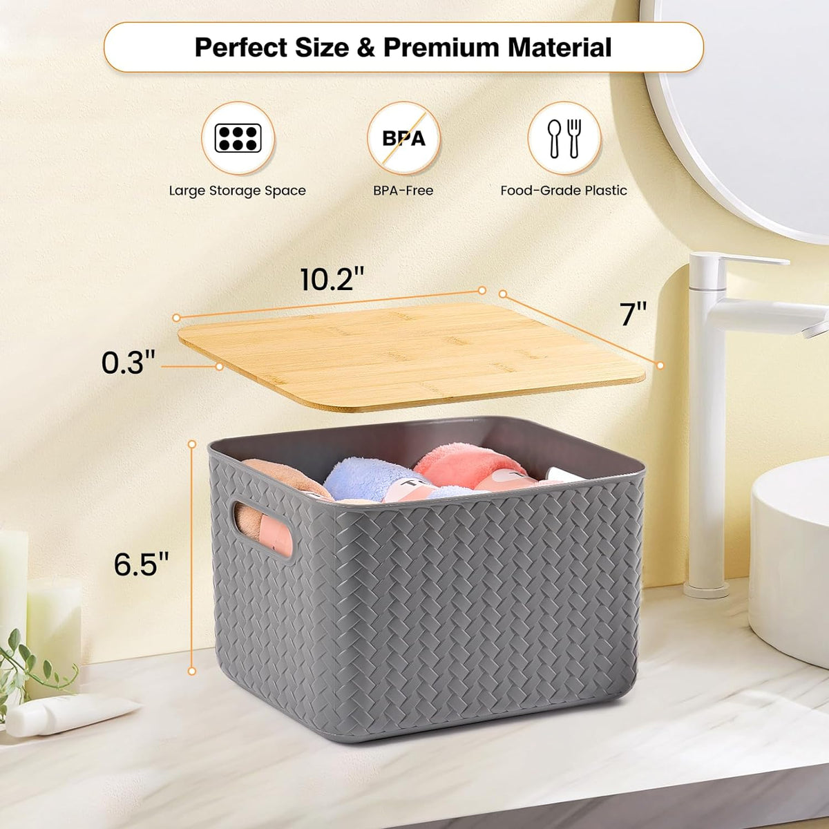 Ohmlove 4 Packs Storage Bins with Bamboo Lids - Plastic Storage Containers with Lids Stackable Storage Box：Storages Baskets for Organizing Desktop Closet Playroom Classroom Office,White