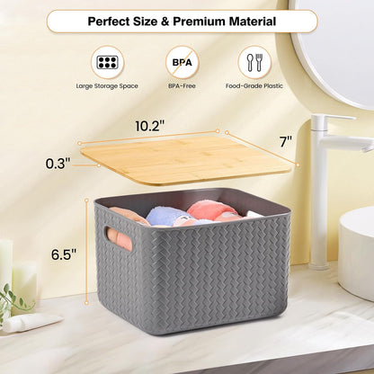Ohmlove 4 Packs Storage Bins with Bamboo Lids - Plastic Storage Containers with Lids Stackable Storage Box：Storages Baskets for Organizing Desktop Closet Playroom Classroom Office,White