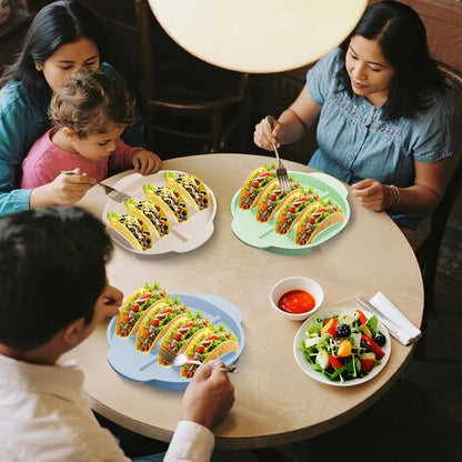 Silicone Taco Holders Set of 2: 4-Slot Reusable Taco Plates with 4 Dividers for Party Birthday Fiesta Hard Soft Shell Stand Upright Serving Tray Round with Handle for Kitchen Microwave Oven Air Fryer