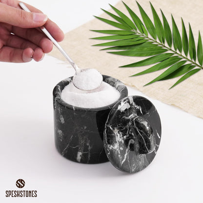 Marble Salt Cellar with Lid & Spoon 4 Inch, Green