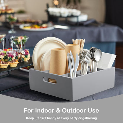 Acacia Wood Utensil Holder for Party, 6-Compartment Paper Plate and Silverware Organizer with Handles, Rustic Utensil Caddy for Parties, Outdoor Gatherings, and Kitchen Countertop Organization