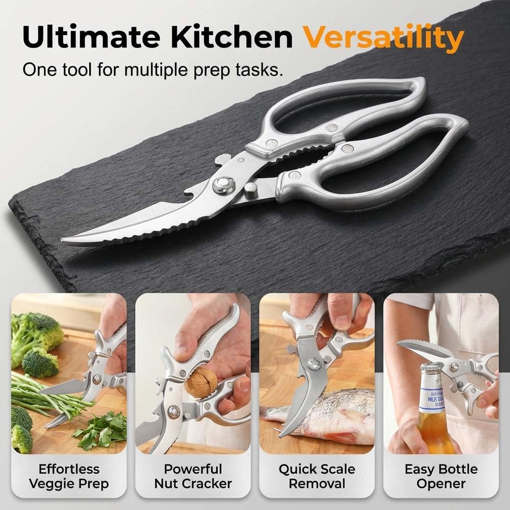Heavy-Duty Multifunction Kitchen Shears, Ultra Sharp Stainless Steel Poultry Scissors for Bone Chicken Turkey, Multi-Purpose Kitchen Scissors with Bottle Opener Fish Scale Scraper Nut Cracker (2)