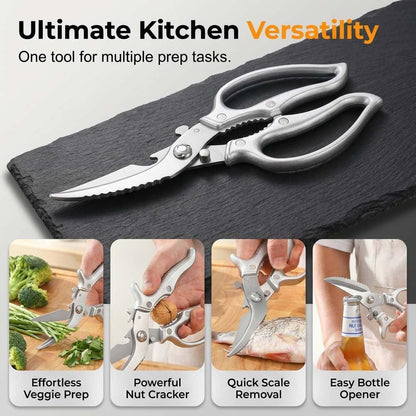 Heavy-Duty Multifunction Kitchen Shears, Ultra Sharp Stainless Steel Poultry Scissors for Bone Chicken Turkey, Multi-Purpose Kitchen Scissors with Bottle Opener Fish Scale Scraper Nut Cracker (2)
