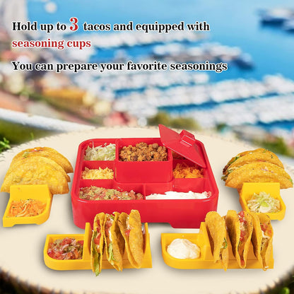 Taco Bar Serving Set for a Party - Taco Tuesday Kit of 4 personal Taco Holders, Taco Night for Burritos, Nachos, 7 compartments for Taco Toppings
