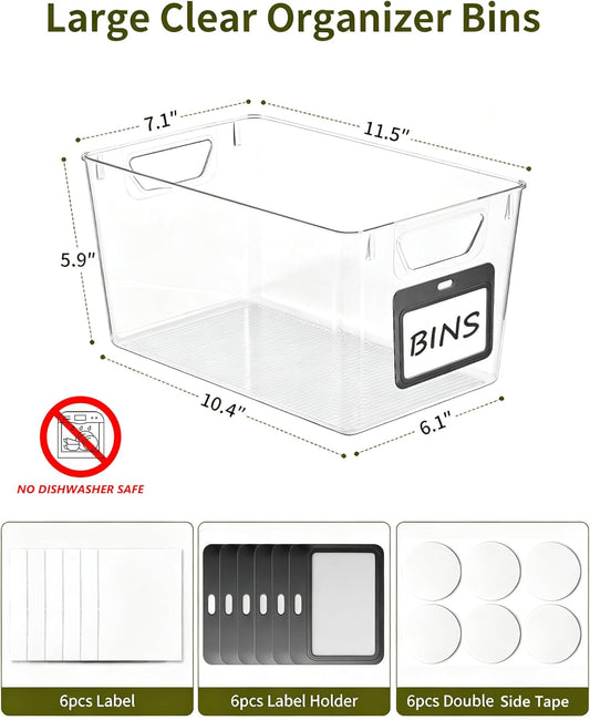 iCASA Clear Organizer Bins - 6 Pack Plastic Pantry Organizers & Storage Containers with Handles & Labels, Home Organization Must Haves for Kitchen, Under Sink, Cabinet Fridge, Bathroom, Shelf, Laundry