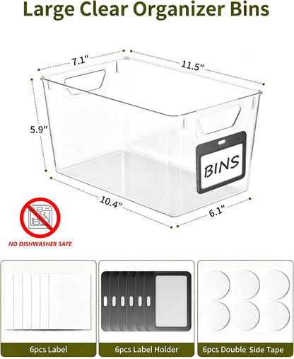 iCASA 6-Pack Clear Fridge Organizers and Storage Bins Container with Labels | Plastic Refrigerator Organizer Bin for Organizing, Home Organization Must Haves for Kitchen Under Sink Cabinet Pantry Shelf