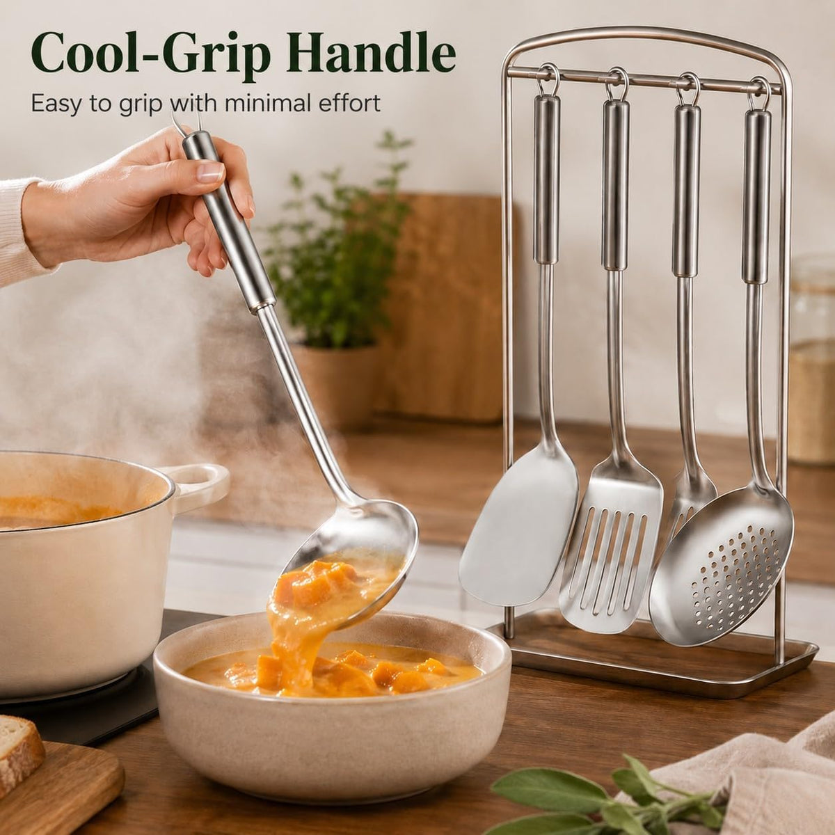 Pleafind 𝟑𝟑% 𝐎𝐅𝐅 Cooking Utensils Set - 4 Pcs Stainless Steel Kitchen Utensils Set with Solid Turner, Slotted Turner, Serving Ladle, Slotted Spoon, Wok Utensils Set with Heat Resistant Handle