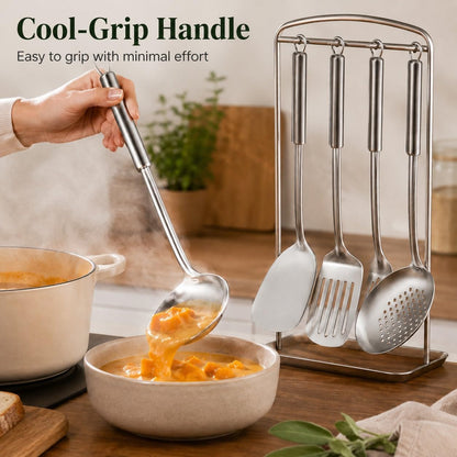 Pleafind 𝟑𝟑% 𝐎𝐅𝐅 Cooking Utensils Set - 4 Pcs Stainless Steel Kitchen Utensils Set with Solid Turner, Slotted Turner, Serving Ladle, Slotted Spoon, Wok Utensils Set with Heat Resistant Handle