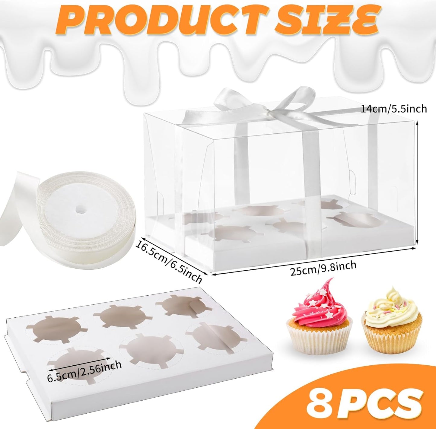 JCD 4 Pack Clear Cupcake Boxes, Plastic Cupcake Containers with Gift Ribbon, 5.5inches height Holder 6 Count Cup Cake Boxes for Parties, Baking, Wedding, Transport (6count/4pcs)
