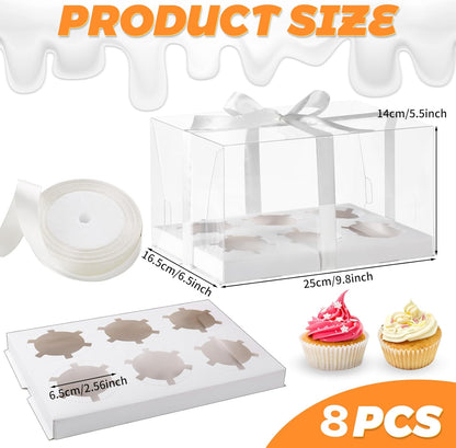 JCD 4 Pack Clear Cupcake Boxes, Plastic Cupcake Containers with Gift Ribbon, 5.5inches height Holder 6 Count Cup Cake Boxes for Parties, Baking, Wedding, Transport (6count/4pcs)