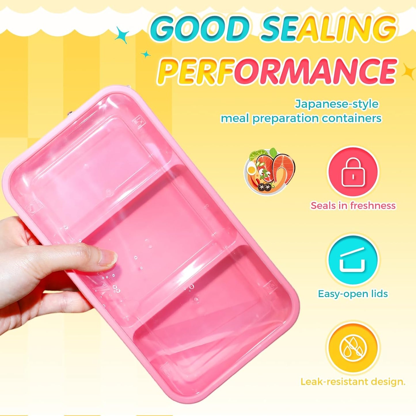 Honeydak 120 Piece Meal Prep Kit Reusable Meal Prep Containers with Dividers and Lids 1-Compartment, 2-Compartment, 3-Compartments Microwave, Freezer, Dishwasher Safe Pink, Yellow, Blue