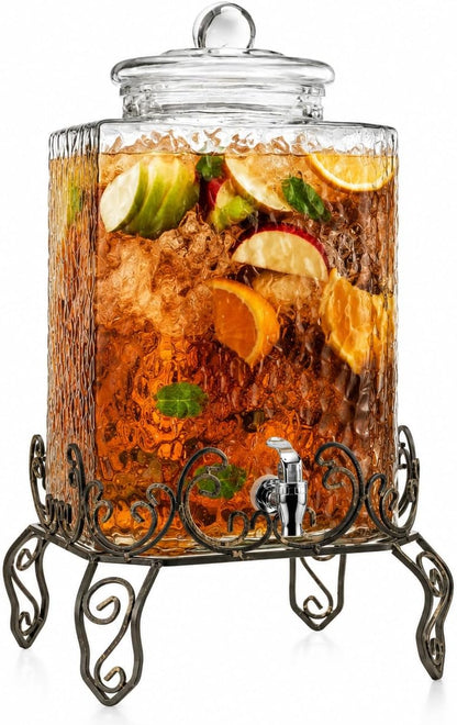 3 Gallon Glass Drink Dispenser with Metal Stand & Lid – Hammered Beverage Dispenser with Leakproof Spigot, Wide Mouth for Easy Fill – Ideal for Parties, Lemonade, Iced Tea, Sangria & More
