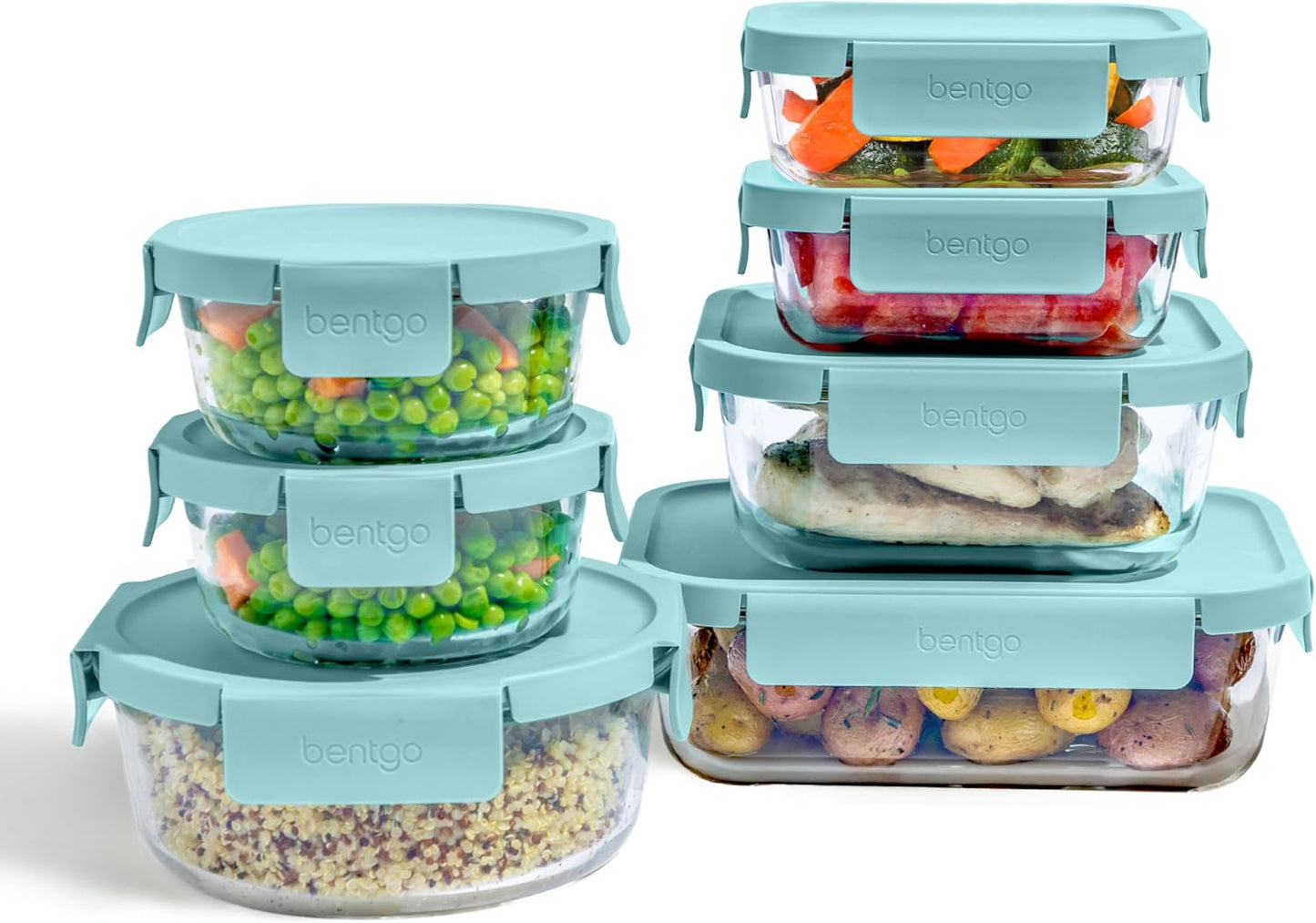 Bentgo Glass Leak-Proof Food Storage Set - 4-Piece Glass Containers with BPA-Free Airtight Lids, Reusable & Durable for Leftovers & Meal Prep - Microwave, Freezer, Oven & Dishwasher Safe (Soft Aqua)