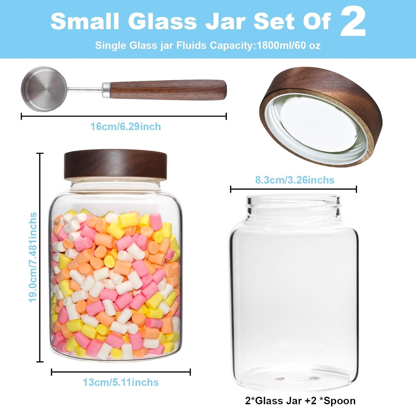 6 pc Glass Spice jars Glass Jars with Screw Lid 5 oz Acacia Wood Glass Herb Sugar Coffee Bean Ground Container Food Storage Canister for Candy Pantry Tea Seasoning Meal Prep Snack (6*150ml(5oz))