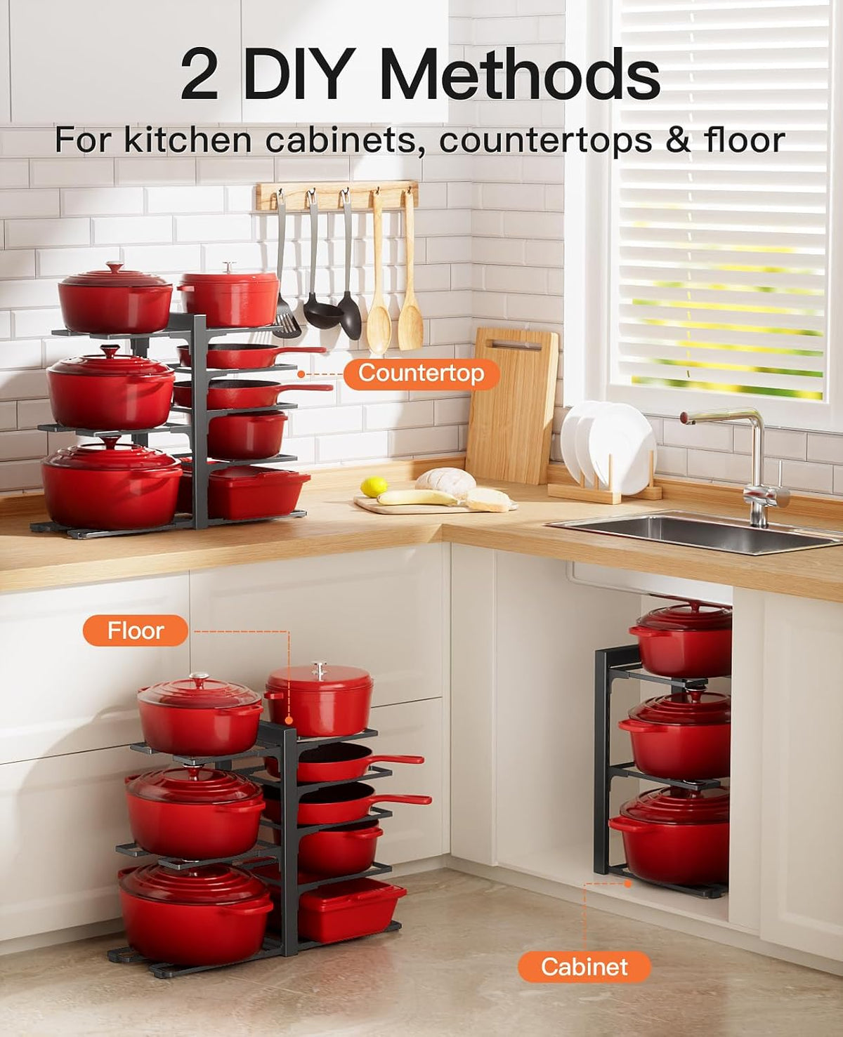 ORDORA Pots and Pans Organizer Under Cabinet 16.6", 8-Tier Adjustable Rack