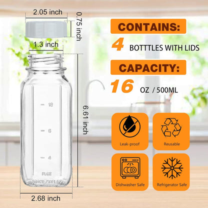 HINGWAH 4 Pack 16 OZ Glass Milk Bottles with Lids