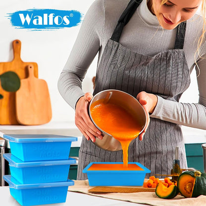 Walfos Silicone Freezer Tray with Lid - 1.5Cup Silicone Food Freezer Tray - Soup, Sauce, leftovers, Homemade Meal Prep Freezing Kitchen Storage Containers - 4pcs-blue