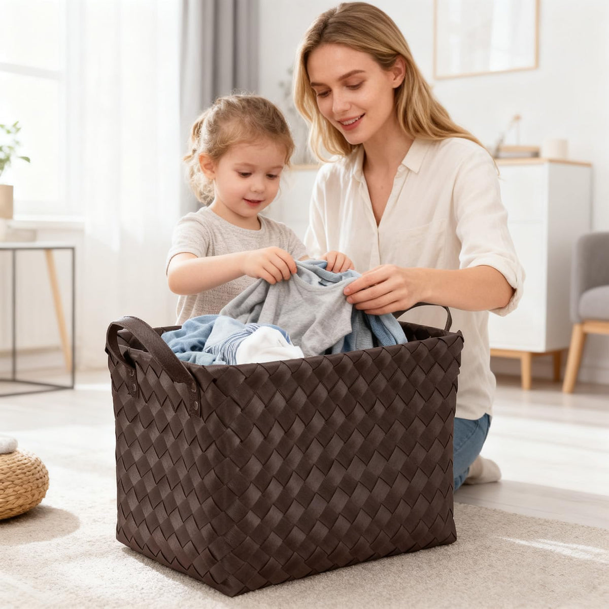 15L Laundry Baskets Waterproof Storage Baskets For Shelves Large Laundry Hamper With Leather Handle -set of 4 Cube Organizers Woven Bins for Bathroom,Bedroom,Pantry,Clothes,Car & Towels-Brown