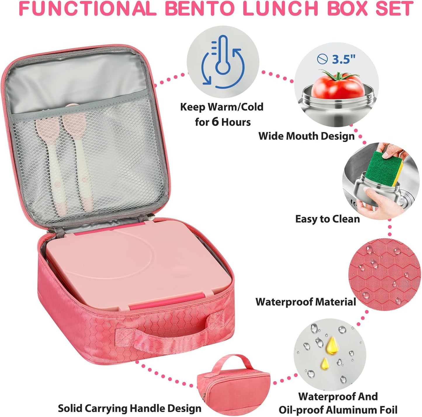 Bento Lunch Box Set for Kids with 8oz Soup Thermo, Leak-Proof Lunch Containers with 4 Compartment, Kids Thermo Hot Food Jar and Insulated Lunch Bag for Kid to School-Black