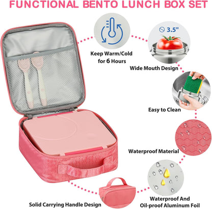 Bento Lunch Box Set for Kids with 8oz Soup Thermo, Leak-Proof Lunch Containers with 4 Compartment, Kids Thermo Hot Food Jar and Insulated Lunch Bag for Kid to School-Black