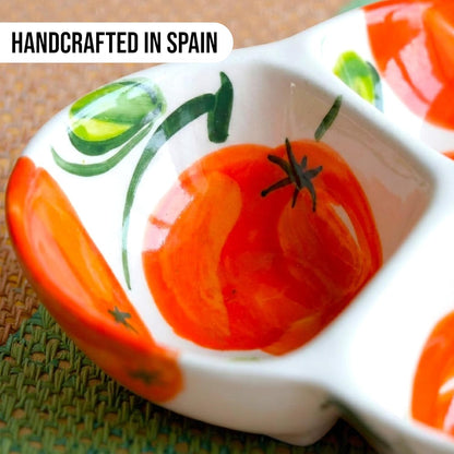 Ceramic Chip & Dip Bowl 7.5”, 3-Compartment Divided Serving Dish & Condiment Tray for Appetizers – Handmade in Spain, Lead-Free Glaze, Microwave, Oven & Dishwasher Safe