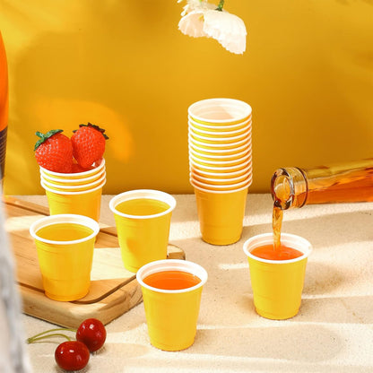 Roshtia 100 Pack 2 oz Plastic Shot Cups, Mini Disposable Shot Glasses 2 oz Wedding Party Cups for Bridal Shower Wedding Party, Beer Taste Serving, Snacks(Black, Gold)