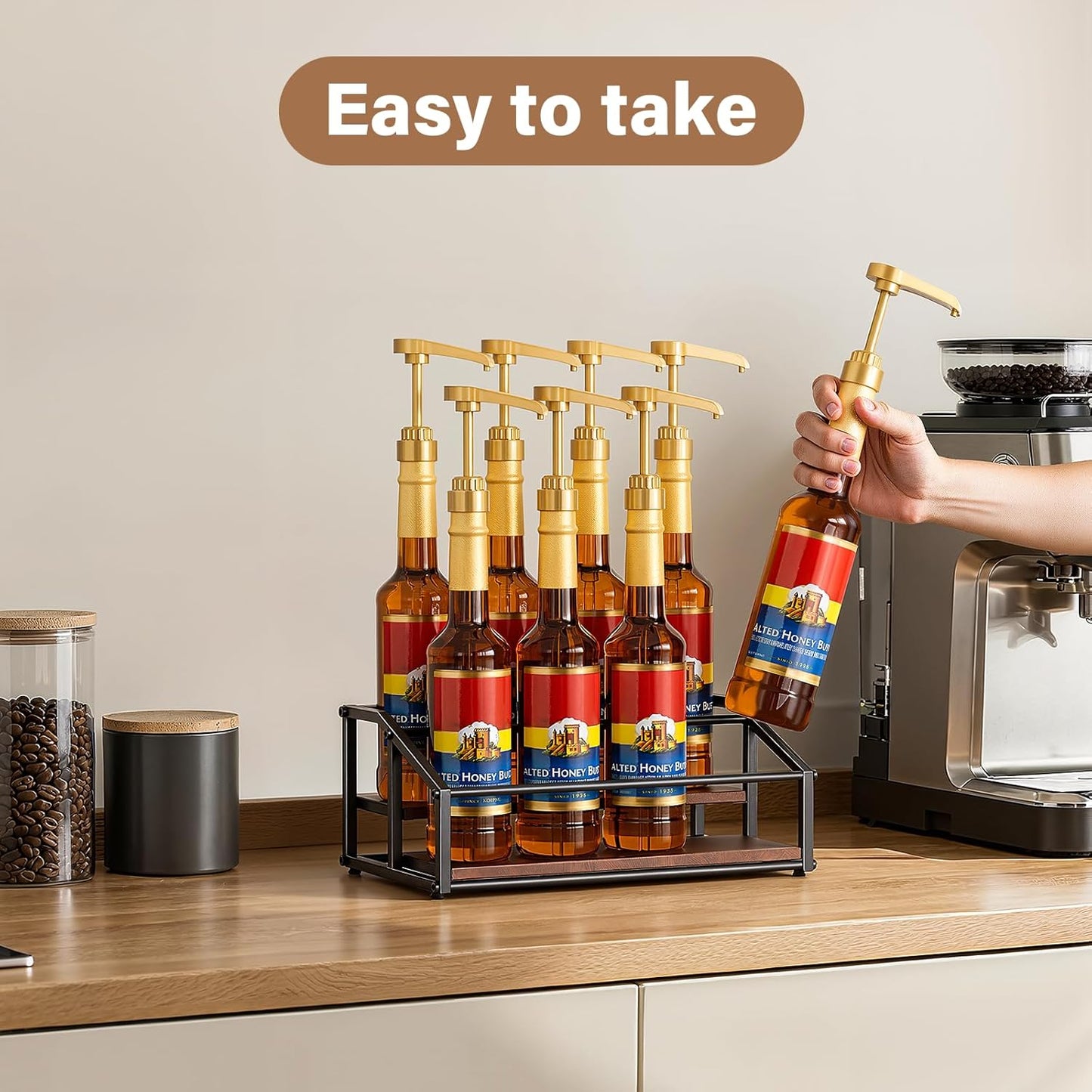 kimilus Coffee Syrup Organizer Rack, Liquor Bottle Display Shelf, 2 Tier 10 Syrup Bottles Holder Stand for Coffee Bar Kitchen Small Wine Rack for Family Storage for Syrup Wine Dressing