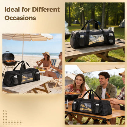 Grill Tool Storage Bag, Outdoor BBQ Utensil Holder for Barbecue Tool up to 20", Large Grill Utensil Storage Caddy with Pockets, BBQ Accessories Case Container for Camping, Bag Only, Black