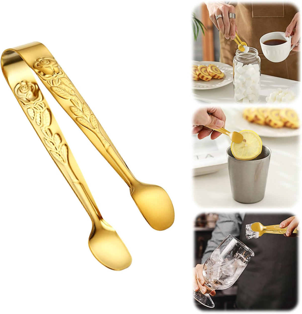 4.33 Inch Stainless Steel Ice Tongs for Ice Bucket，Metal Sugar Cube Mini Tongs，Set of 3 (Black-A)