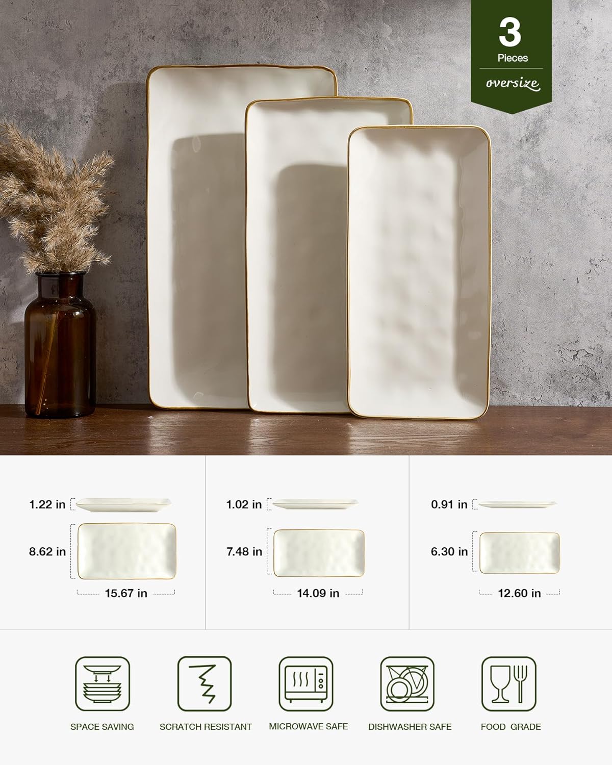 Famiware Serving Platter, Rectangular 15.67/14.1/12.6inch Serving Dishes for Entertaining, Microwave Dishwasher Safe, Stoneware Serving Trays for Party, Turkey, Cheese, Ocean Series, Cappuccino White