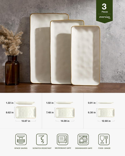 Famiware Serving Platter, Rectangular 15.67/14.1/12.6inch Serving Dishes for Entertaining, Microwave Dishwasher Safe, Stoneware Serving Trays for Party, Turkey, Cheese, Ocean Series, Cappuccino White