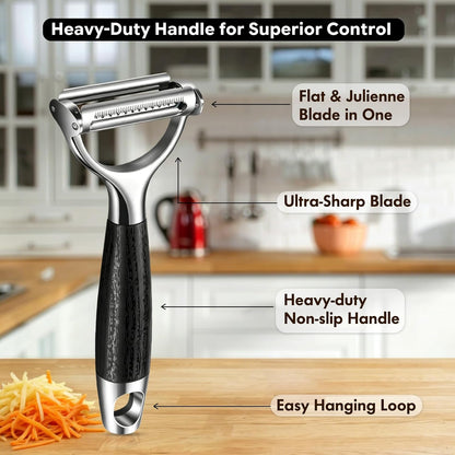 2-in-1 Julienne Peeler & Vegetable Peeler – Heavy-Duty Y-Peeler with Sharp Flat & Julienne Blades, Multifunctional Kitchen Tool for Potatoes, Carrots, Cucumbers, Zucchini & Fruit