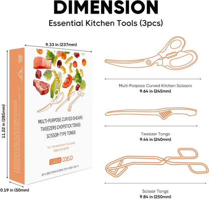 COELO Korean BBQ Kitchen Shears and Tongs Set | Multi-Purpose Kitchen Scissors, Tweezers, Scissor-Tongs for Cooking Chicken Meat Salad Barbecue Herb | Stainless Steel Comfort Handle Dishwasher Safe