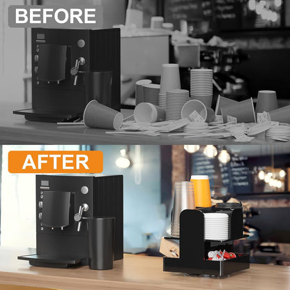 Beego Rotatable 4-Compartment Acrylic Cup Dispenser - Coffee Station Cup and Lid Carousel Countertop Plastic Cup Holder for Restaurant Breakroom Coffee Bar