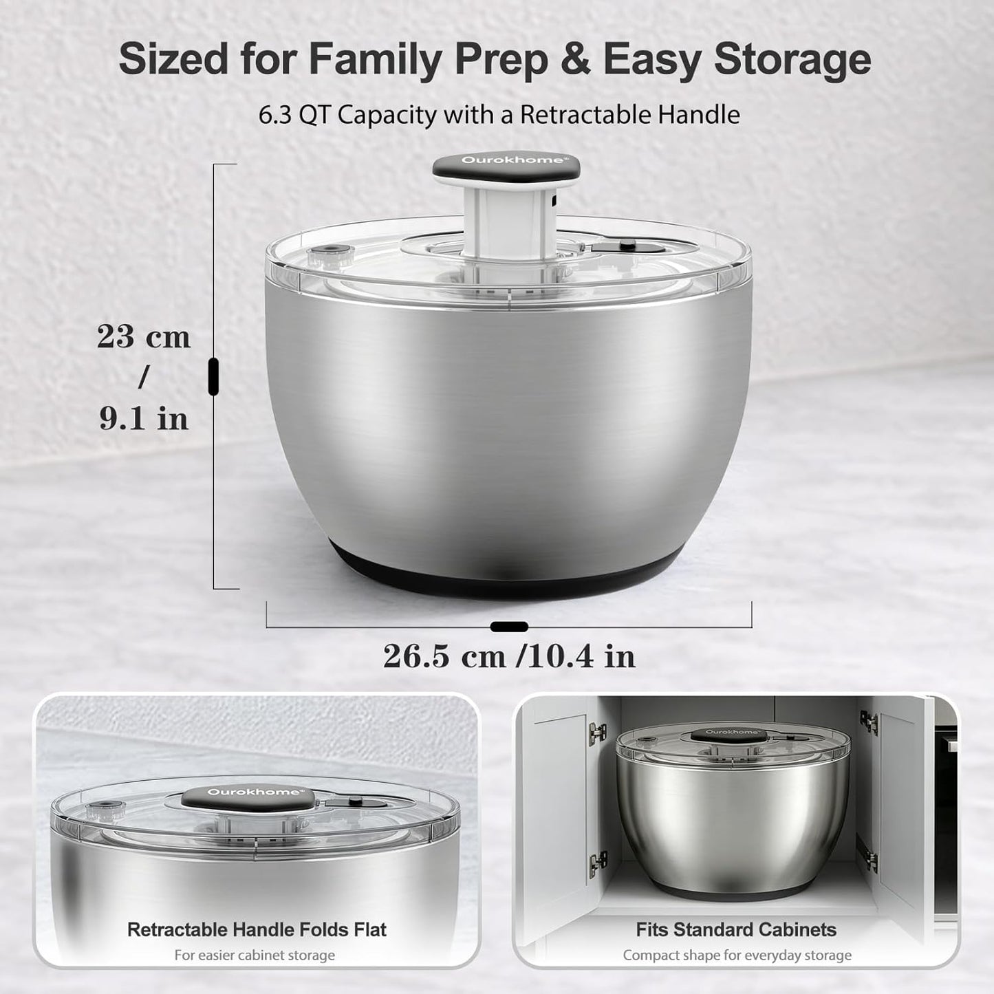 Ourokhome 6.3 QT Stainless Steel Salad Spinner, Large Lettuce Spinner with One-Hand Press Pump, Brake Button, Non-Slip Base and Retractable Handle, Vegetable Washer & Dryer for Greens, Fruits and Herb