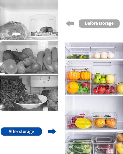 Refrigerator Organizer Bins 12 Pack Stackable Fridge Organizers with Handles Clear Freezer Storage Containers for Pantry, Cabinets,Shelves, Drawer – BPA-Free Plastic Kitchen Organizers