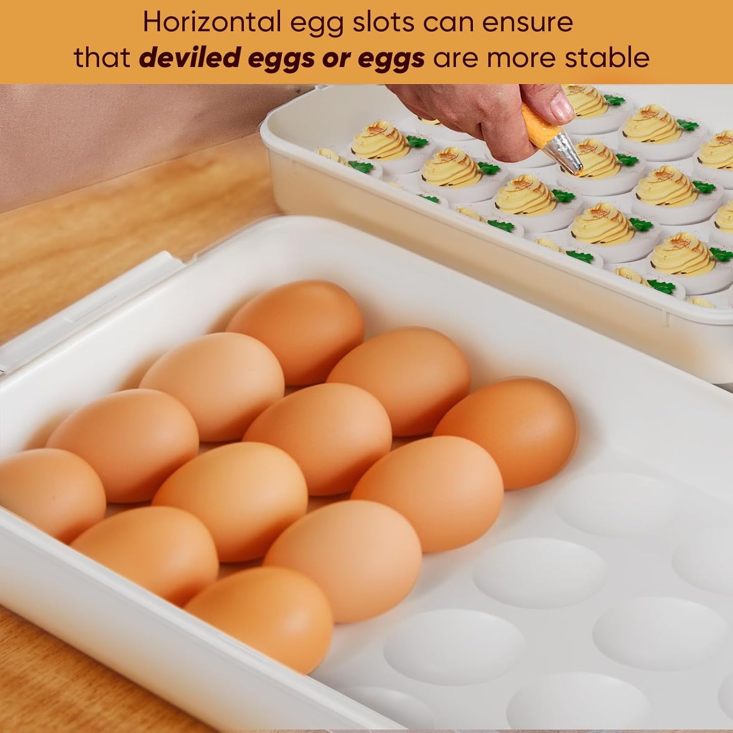 77L Deviled Egg Containers with Lid (Set of 2), Plastic Deviled Egg Tray Carrier with Handle for 48 Eggs, Clear Storage Egg Platter for Deviled Eggs, Easter Party Fridge Stackable Portable Egg Holder