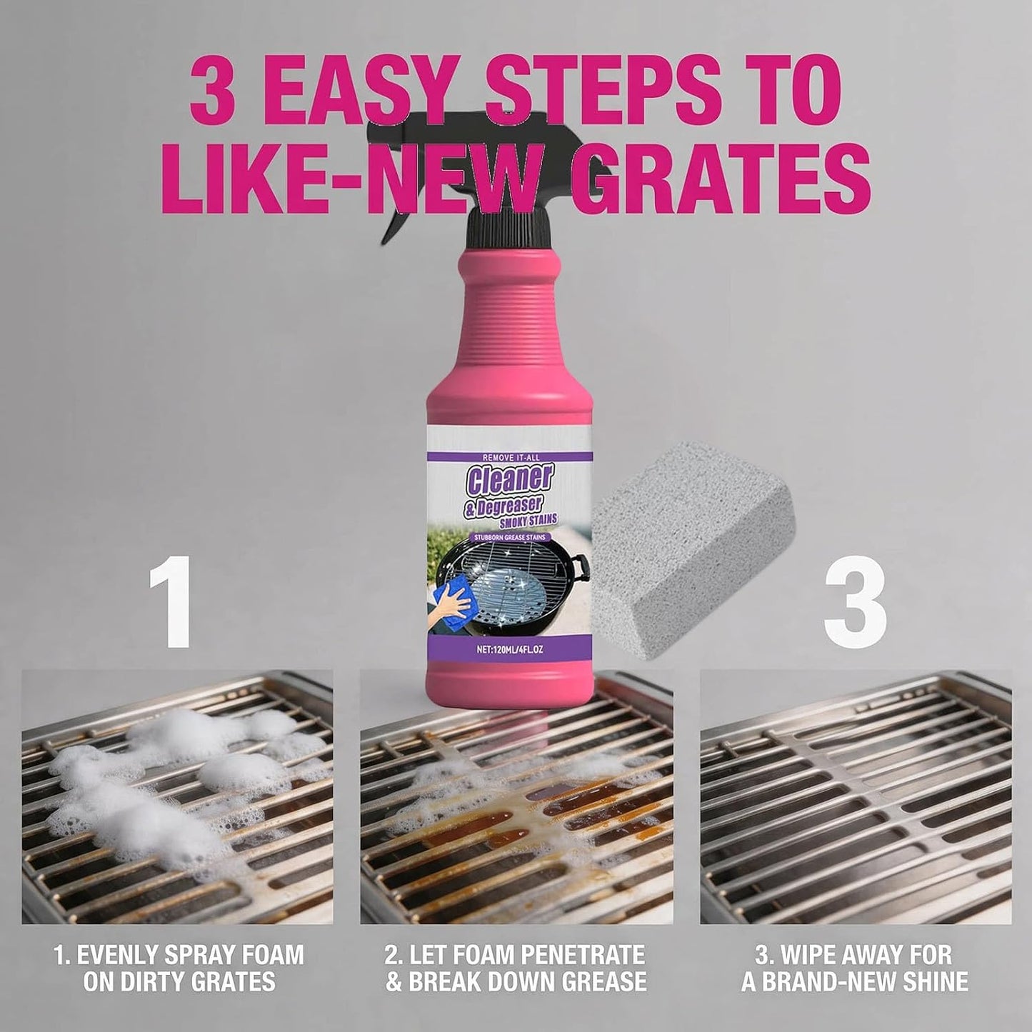 Fast-Acting Heavy-Duty Grill Degreaser Spray, BBQ Cleaner for Gas, Charcoal & Smoker Grates, Leak-Proof 4 Fl Oz Travel Size (3pc)