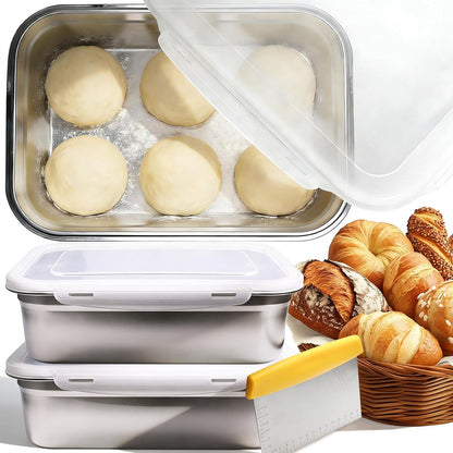 Pizza Dough Proofing Container, 29oz/850ml Stainless Steel Proofing Box with Clear Airtight Lids, Stackable Fermentation Storage for Pizza, Bread, Sourdough, Includes Dough Cutter