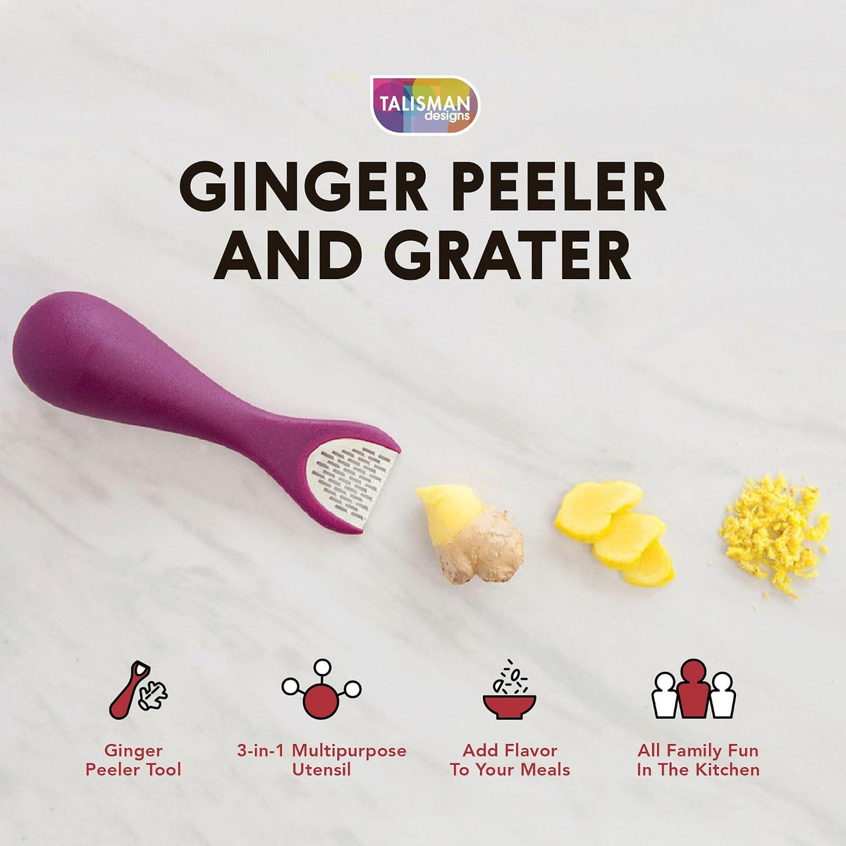 Talisman Designs 3-in-1 Ginger Peeler | Grater & Sliver | Grate Ginger, Garlic, Turmeric & Nutmeg | Easy to Use Kitchen Utensil Tool | Stainless Steel Hand Held Grater