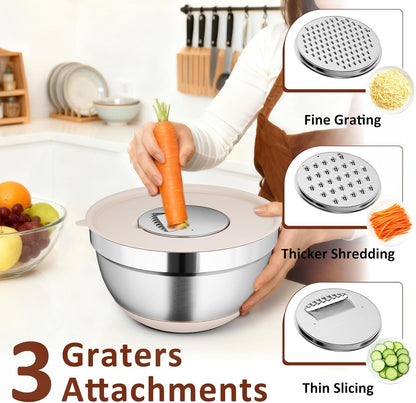 9 Pack Mixing Bowls with Airtight Lids & Grater Attachments, Khaki