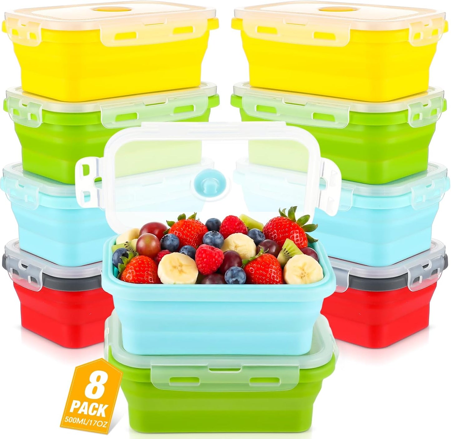 Mifoci Set of 8 Silicone Collapsible Bowls for Camping with Vent Lid Silicone Storage Containers for Food Meal Preparation Square Bowl Microwave Freezer Dishwasher Safe(Blue,17 Oz/ 500 ml)