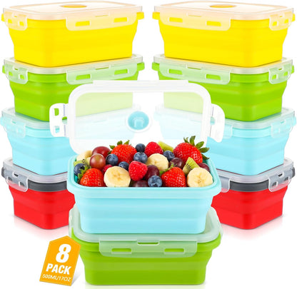 Mifoci Set of 8 Silicone Collapsible Bowls for Camping with Vent Lid Silicone Storage Containers for Food Meal Preparation Square Bowl Microwave Freezer Dishwasher Safe(Blue,17 Oz/ 500 ml)
