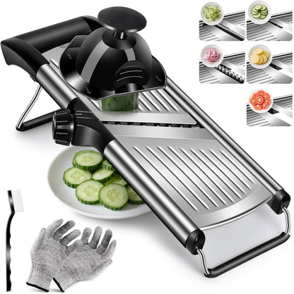 Masthome Adjustable Mandoline Slicer, Thin to 9mm Slice, 4.5mm & 9mm Julienne - Vegetable Cutter for Potato Carrot Onion - Stainless Steel - with Glove & Brush (Red)