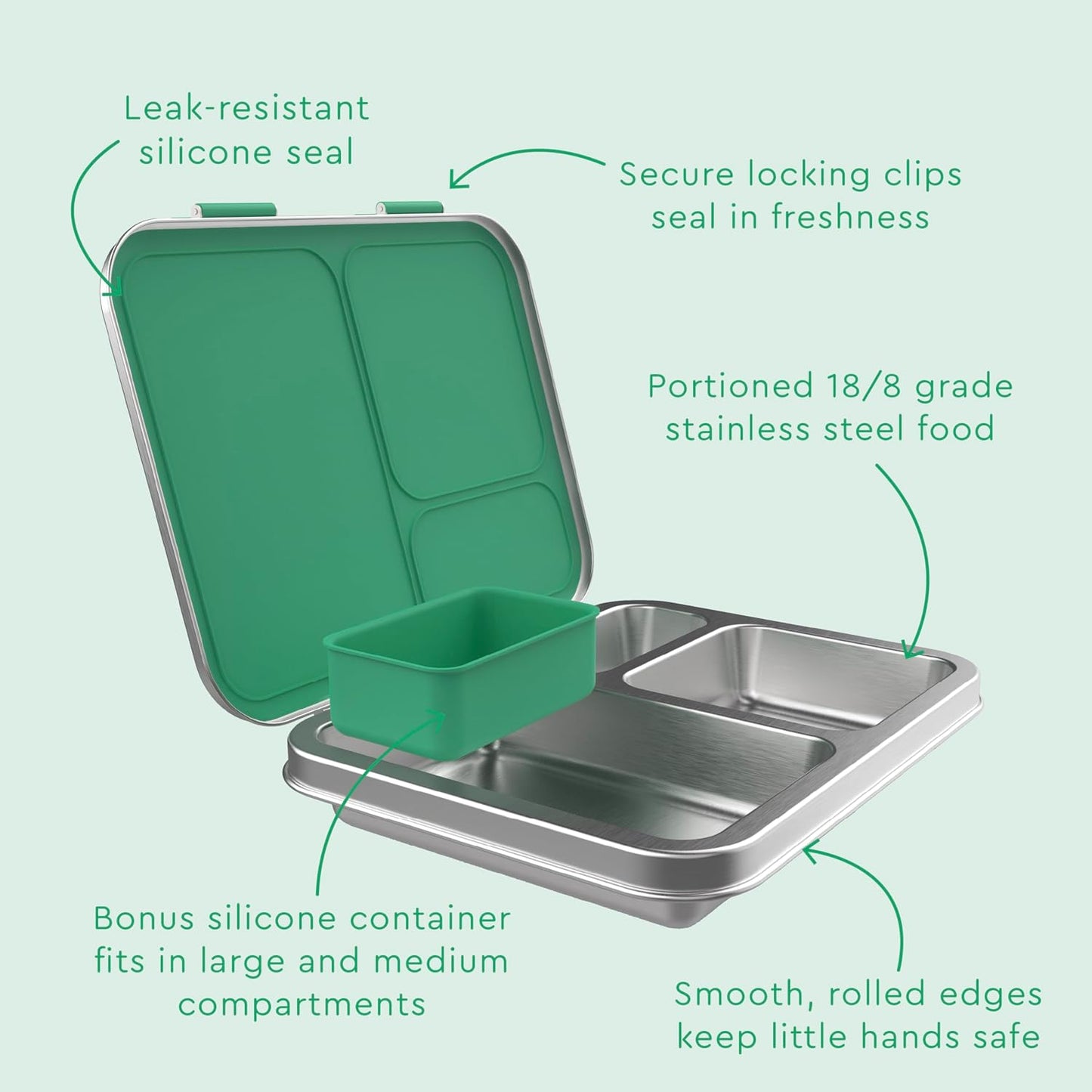 Bentgo Kids Stainless Steel Leak-Resistant Lunch Box - 3-Compartments with Bonus Silicone Container, Durable, Eco-Friendly, Dishwasher Safe, BPA-Free, Ideal for School, Ages 3+ (Silver)