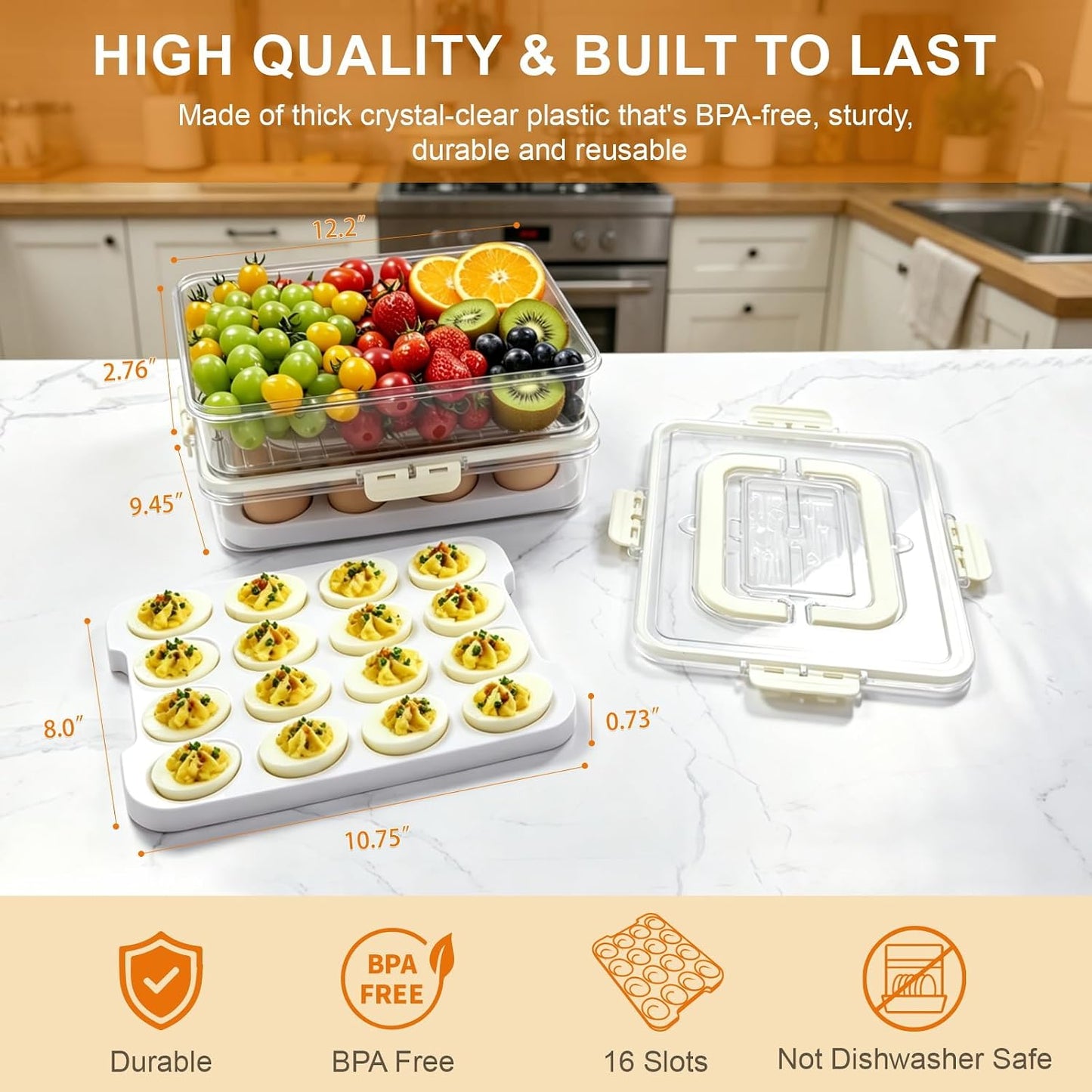 Original Deviled Egg Carrier Storage Container With Lid & Handle (White) | Removable Deviled Egg Platter, 16 Extra-Deep Egg Wells, BPA-Free Thick Plastic, Portable Tray for Easter Potluck Party Picnic