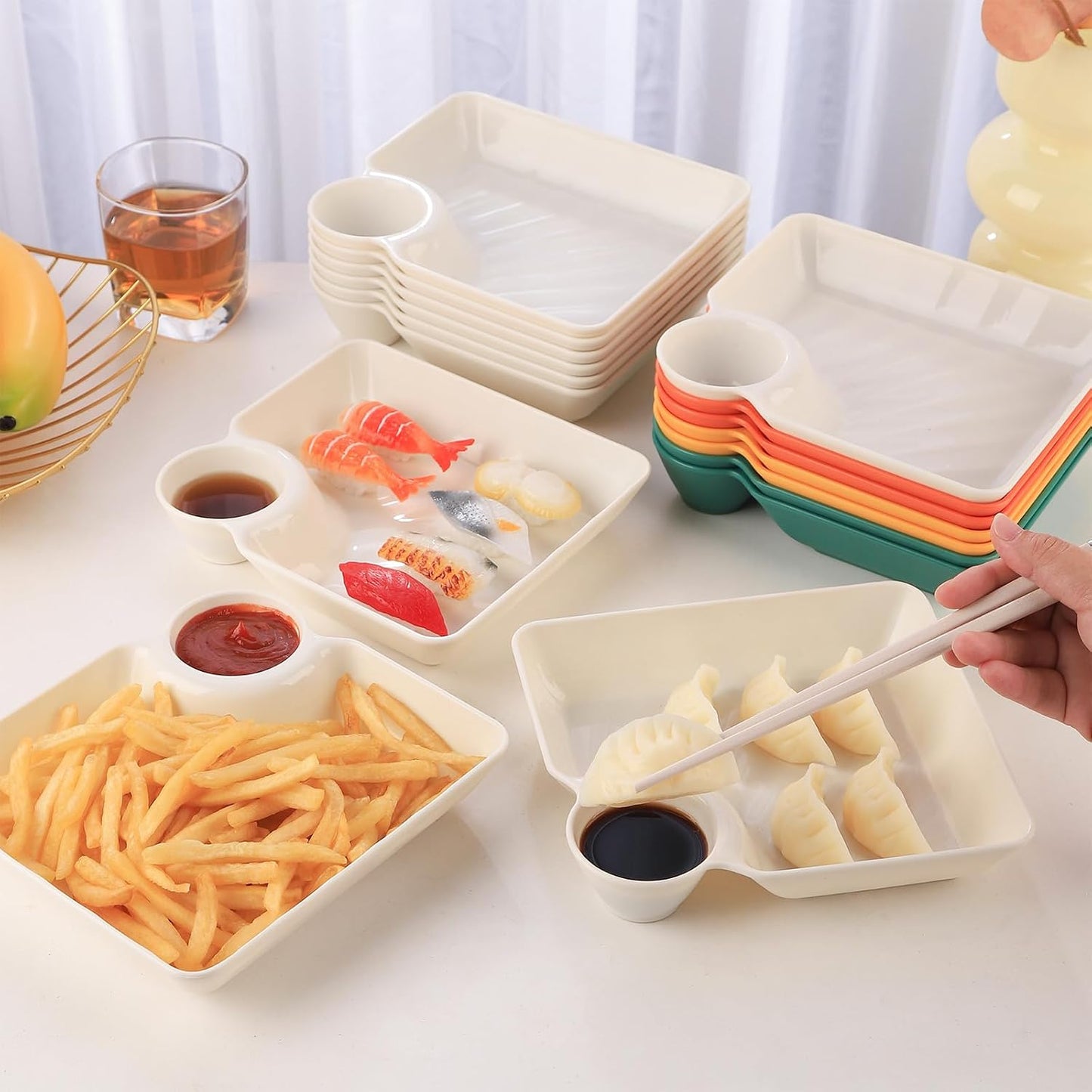 8 pcs Chips and Salsa Serving Dish, Colorful Reusable Chip and Dip Bowl Serving Dishes for Entertaining Plastic Dip Tray Plate with Dipping Sauce Compartment