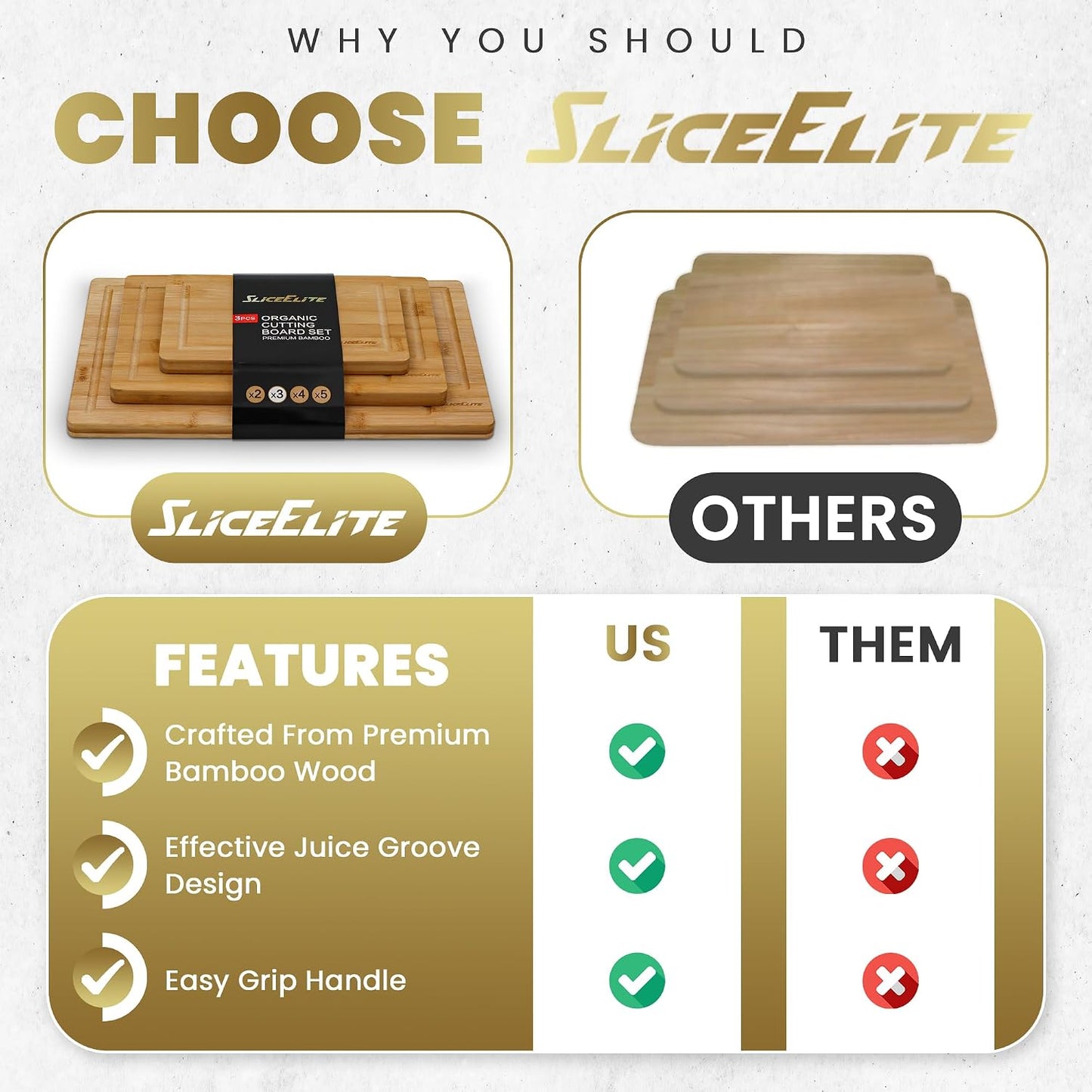 SliceElite Extra Large Bamboo Cutting Board Set 3 Piece End Grain Wooden Chopping Boards with Holder Non Slip Feet Juice Groove XL Butcher Block Style Boards for Kitchen Carving and Serving