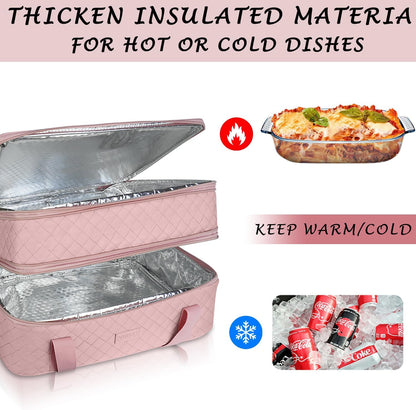 Quilted Double Decker Casserole Carrier - Expandable Dish Carrying Case for Hot or Cold Food, Lasagna Holder for Potluck Parties, Picnic, Beach, Fits 9"×13" Baking Dish (Black)